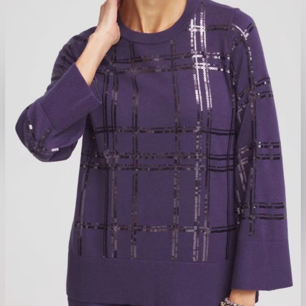 Chico’s sequin plaid long sleeve sweater Chico size 4 = 20   Purple